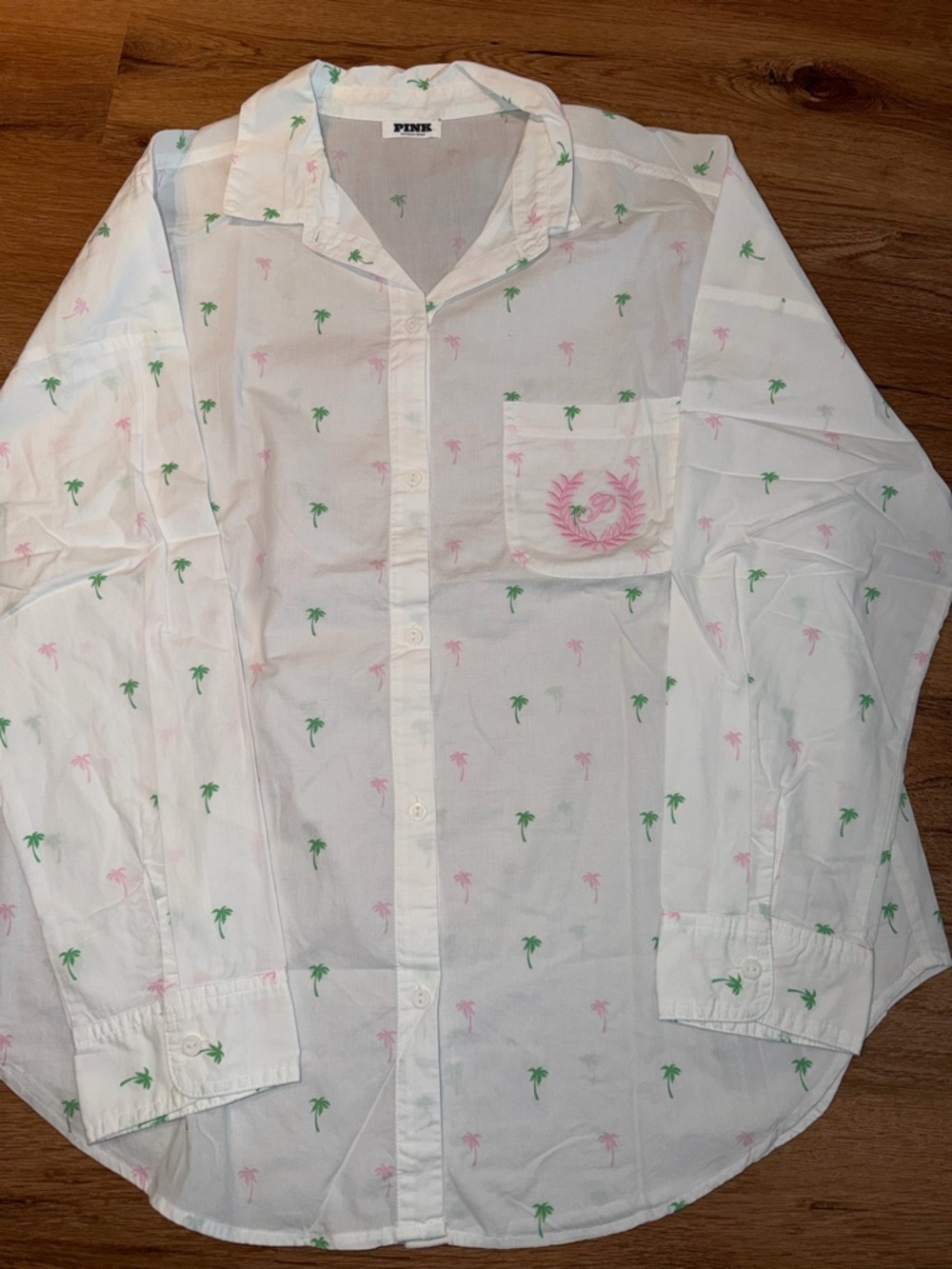PINK Victoria's Secret White Button-Up Shirt with Pink & Green Palm Print